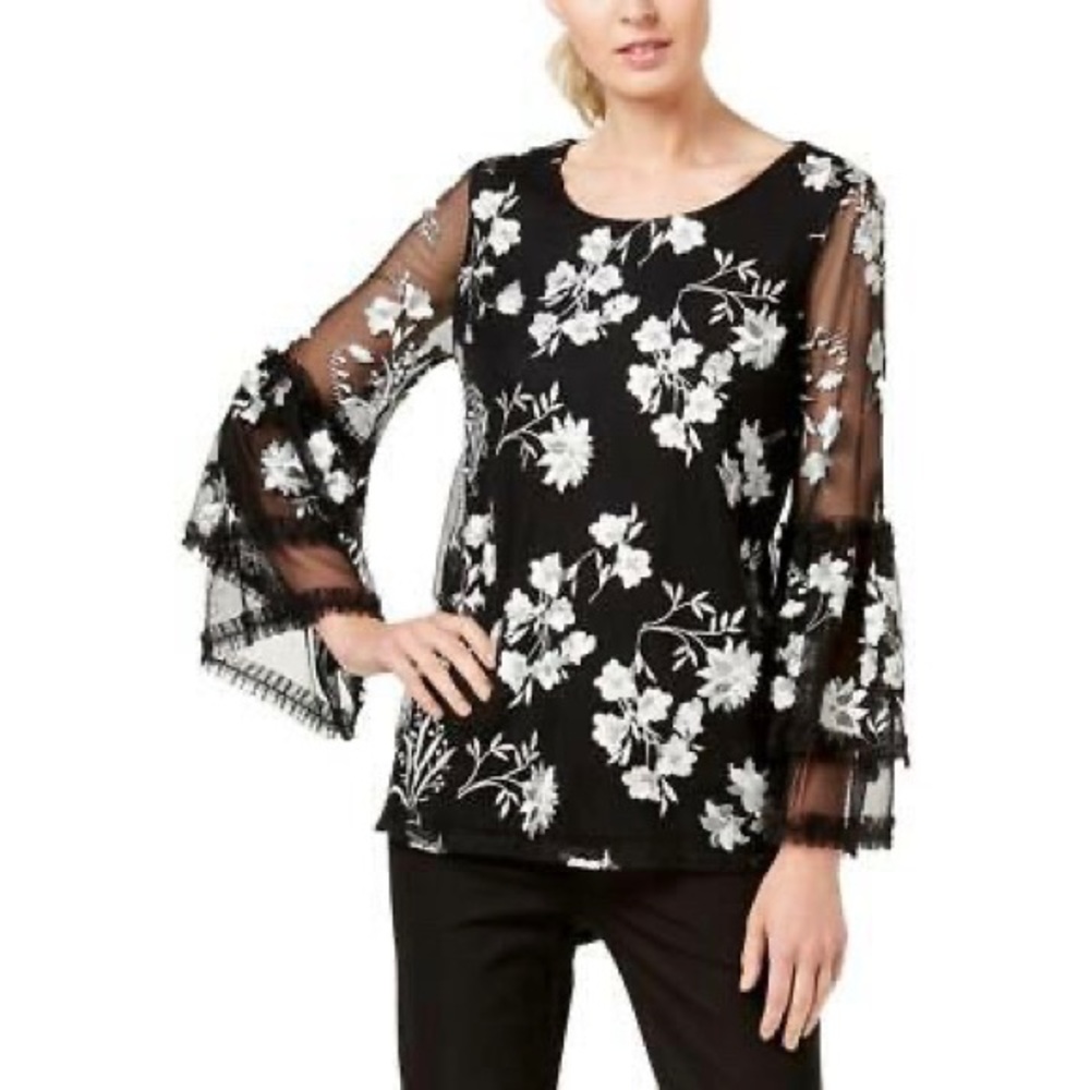 Alfani Floral Mesh Top Black Boho Luxury Delicate Size Women’s Small